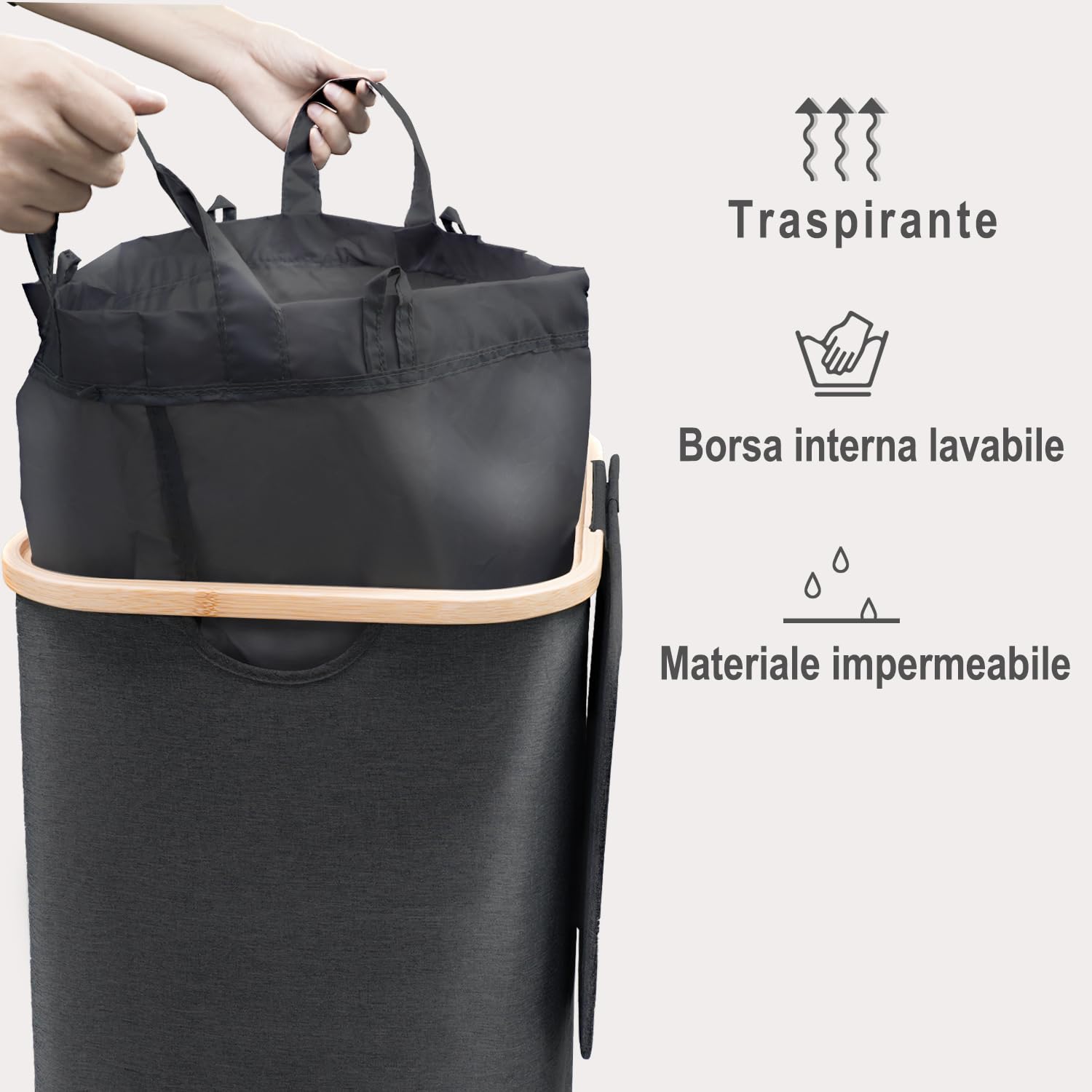 Cesto Portabiancheria Grande,con Coperchio,per Panni Sporchi XXL 100L con Manici in Bambù,Pieghevole per Bagno o Lavanderia Vestiti, Giocattoli