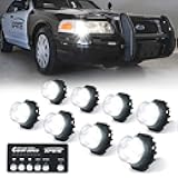 White LED Hideaway Emergency Strobe Lights Kit, 20 Flashing Modes w/Controller Headlights Taillights Fog Light Mounting, Hazard Warning Caution Light for 12V Vehicles Pickup Trucks Vans 8 PCS