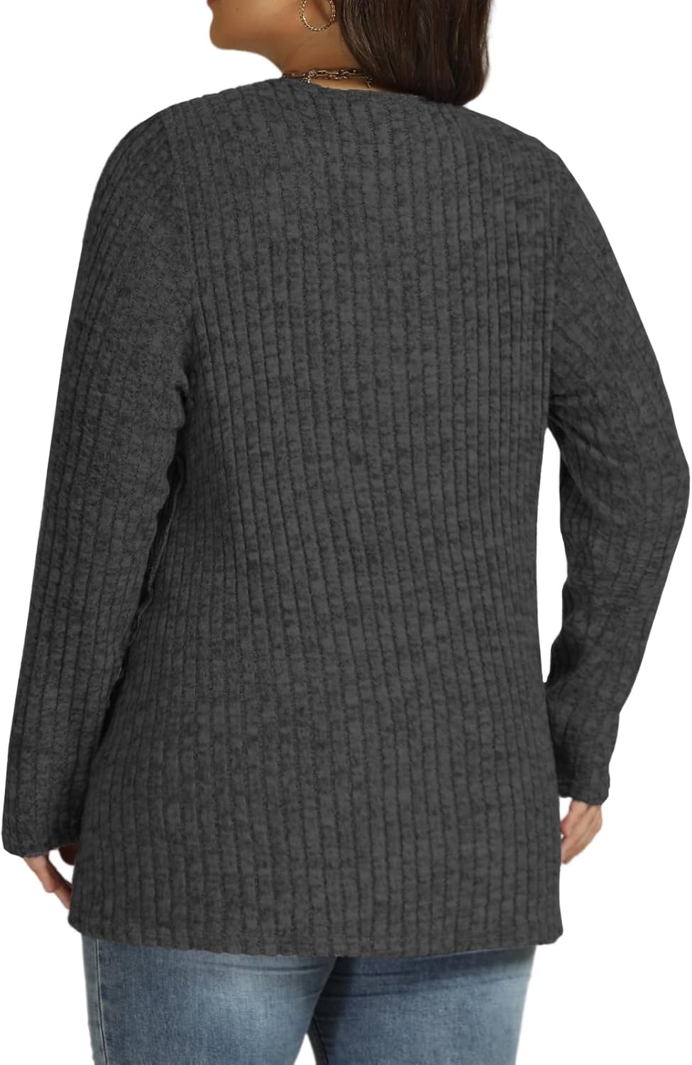 VISLILY Womens-Plus-Size-Tops Trendy Tulip Hem Long Sleeve Shirts Casual Lightweight Knit Sweaters Cute Button Decor Tunics - Image 3