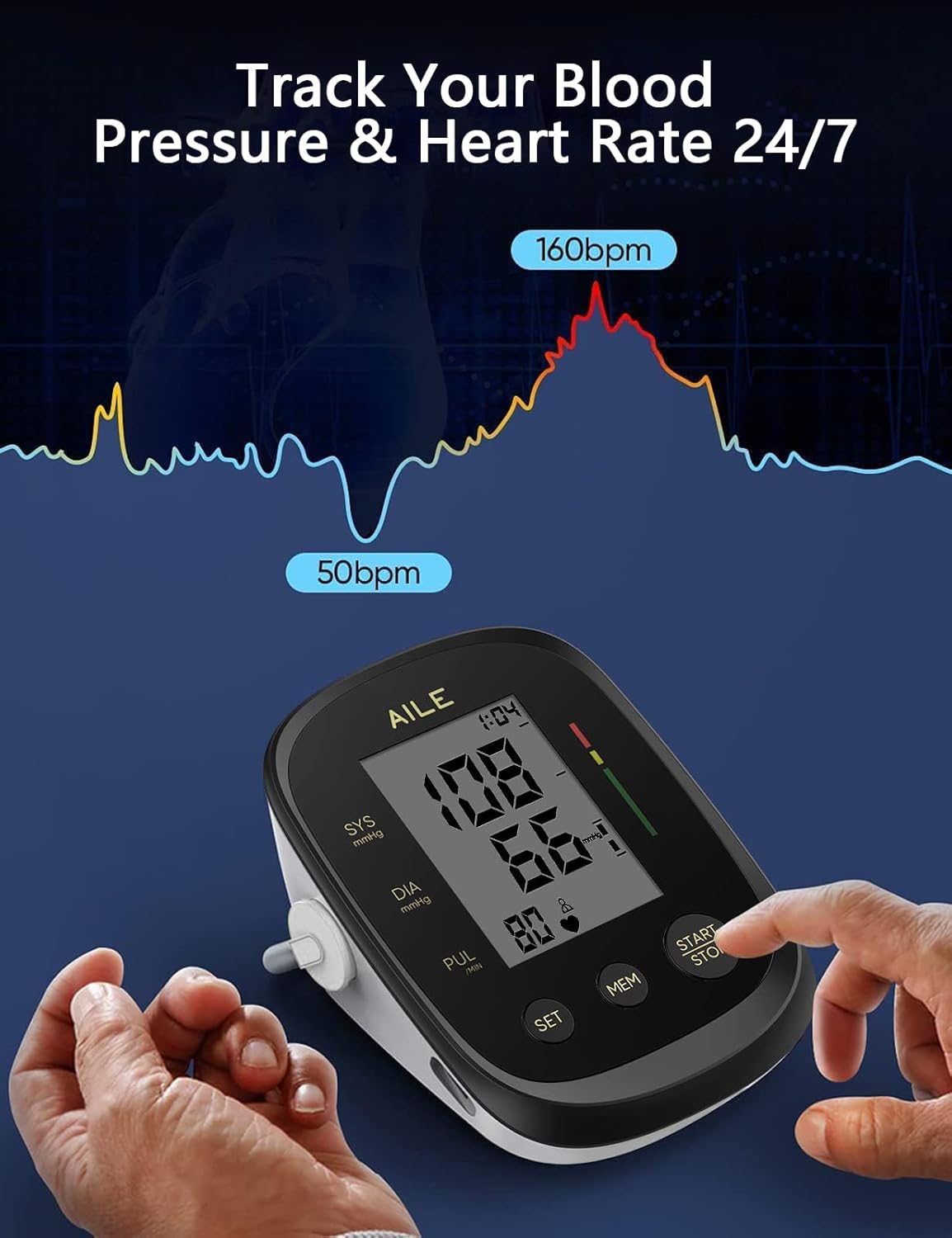 AILE Blood Pressure Monitor, Blood Pressure Machine Upper Arm Large Cuff(8.7"-16.5"), High Automatic Blood Pressure Monitors Cuff for Home Use, Manual Arm Bp Monitor, 2 * 99 Memory (Black)
