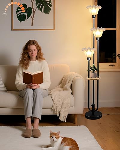 Miniatura 29 de Lámpara de pie dorada con bandeja, lámparas de pie regulables de 3 luces con pantalla en forma de roca, estilo portavelas único, lámpara de pie alta