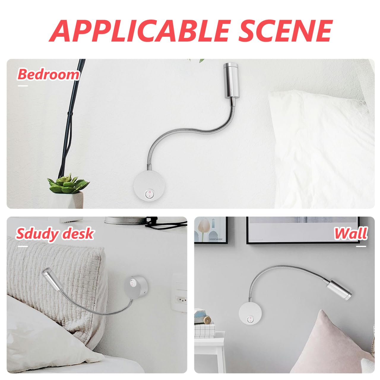 Lámpara LED de Lectura 3W - Aplique de Pared con Brazo Flexible 360° y Cuello de Cisne - Luz Cálida con Interruptor para Cabecero de Cama, Dormitorio o Estudio - Aluminio Moderno