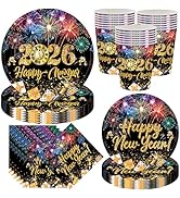 2026 New Year Tableware Set 64 Pcs New Year Dinner Plates Cups Napkins for New Years Eve Decorati...