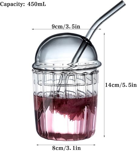 Miniatura 6 de TITA-DONG Lindos vasos para beber con tapa de cúpula de vidrio y pajilla, vasos reutilizables de boca ancha para batidos de 15 onzas, vaso de vidrio