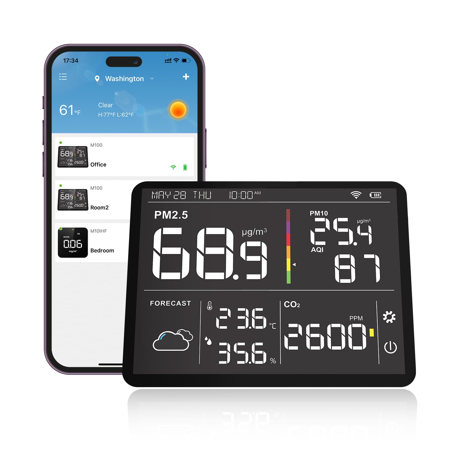 Temtop M100-UP Stacja pomiarowa jakości powietrza, 2.4G WLAN Bluetooth termometr z aplikacją, 8-w-1 urządzenie do pomiaru jakości powietrza (PM2.5/CO2/Temperatura/Wilgotność)
