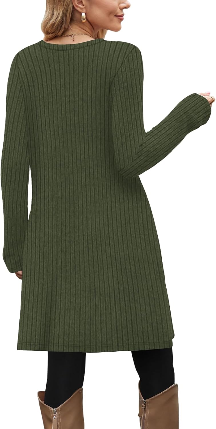 OFEEFAN Fall and Winter Tunic Dress with Pockets Long Sleeve Crew Neck Buttons Side - Image 5