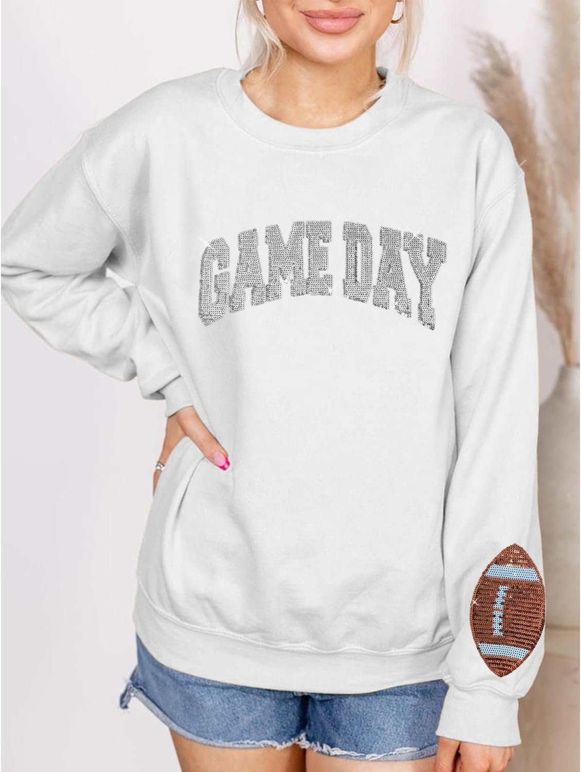 Game Day Sweatshirt for Women Sequin Football Long Sleeve Shirt Crew Neck Sunday Funday Pullover Tops
