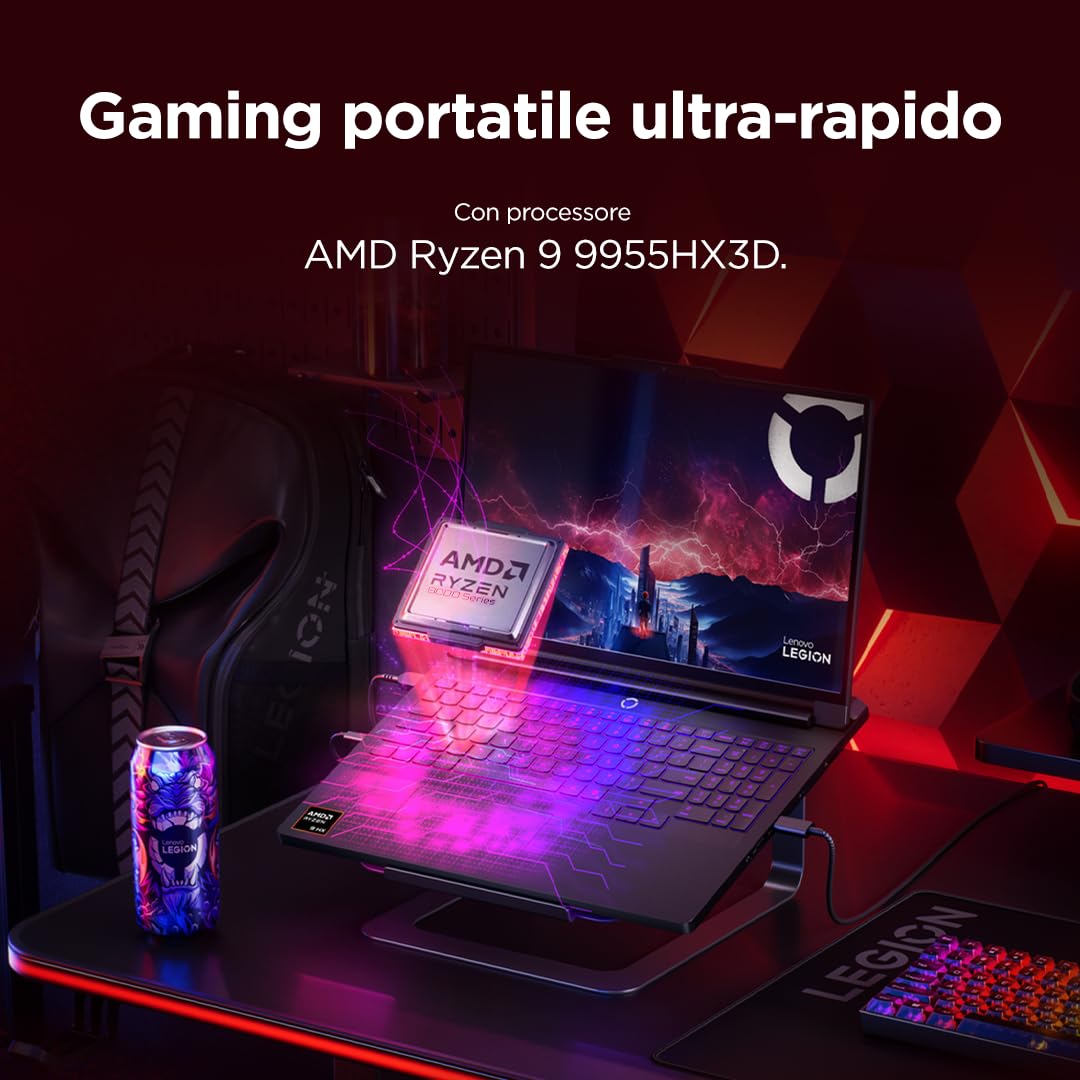 Lenovo Legion Pro 7 Gaming AI Laptop - Display OLED 16" WQXGA 240Hz, NVIDIA GeForce RTX 5080, AMD R9 9955HX3D, RAM 32GB DDR5, SSD 2TB, Windows 11, Tastiera RGB QWERTY, 3 mesi GamePass