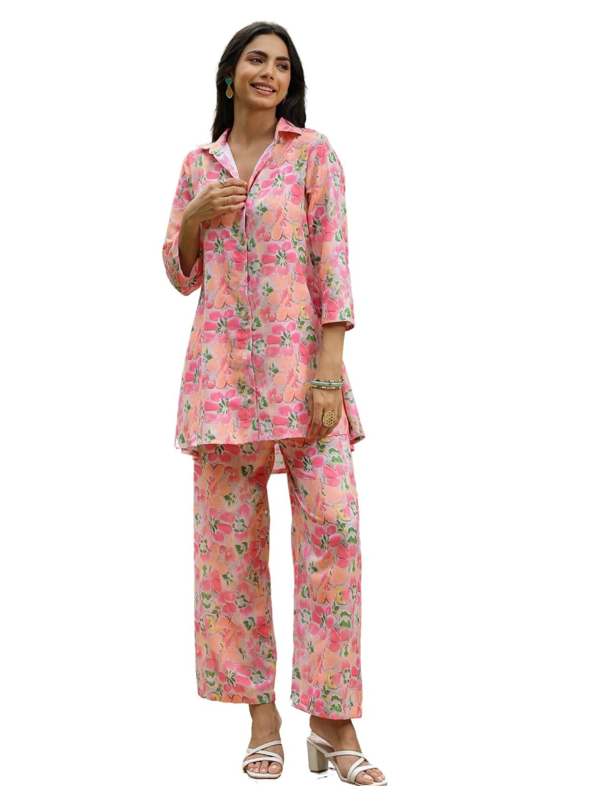 Greciilooks Rayon Standard Length Stylish Kurta Ethnic For 3/4 Sleeve Women Co-Ord Set (Gl-W1936&Tr958_Light Pink_S)