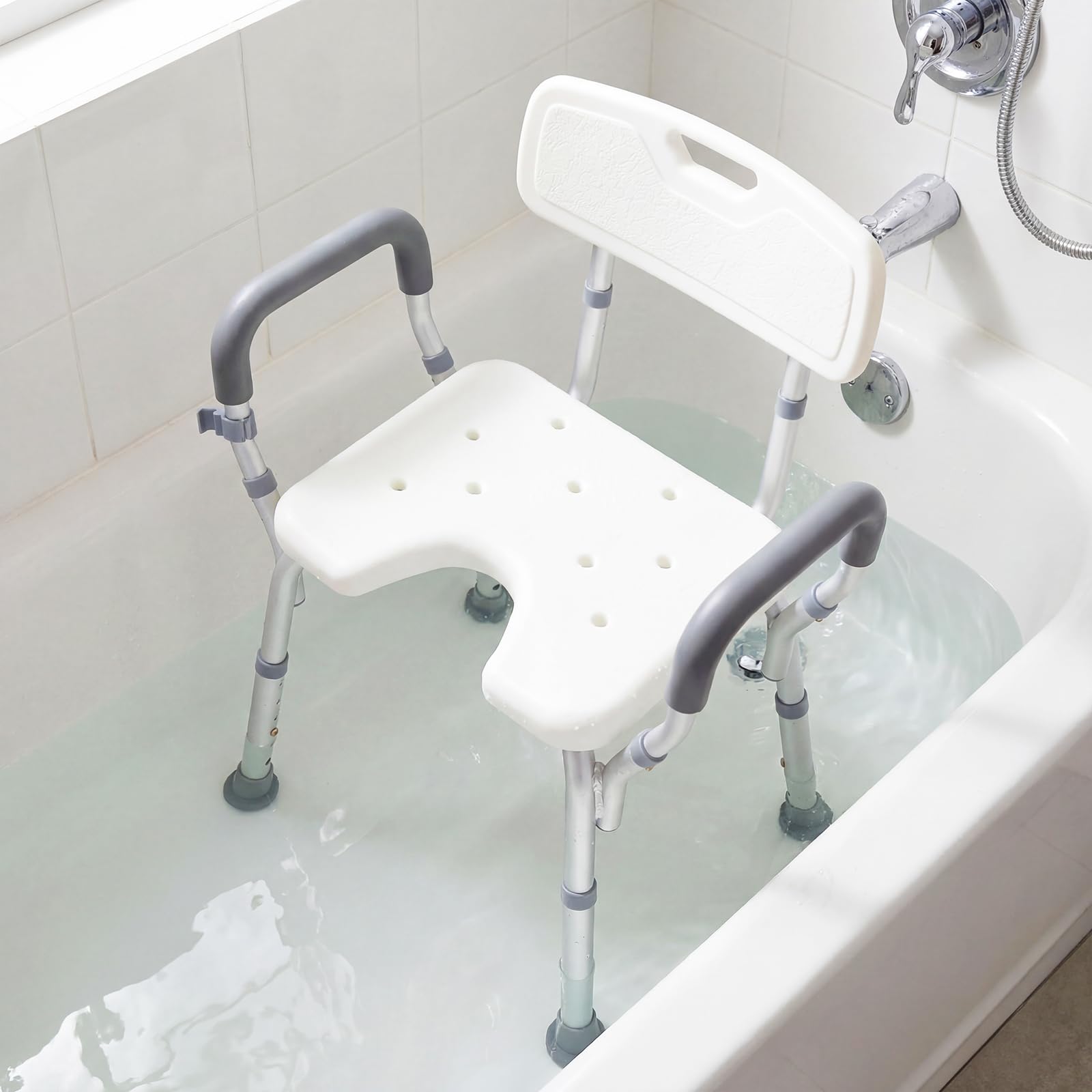 COSTWAY Silla para Ducha para Mayores, Silla de Baño con Altura Ajustable en 6 Niveles, Asiento Antideslizante, Respaldo Curvo y Apoyabrazos Acolchados, Taburete de Ducha con Marco de Aluminio