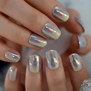 Metallic Press On Nails Short Round Fancy Unique Gorgeous Art Cute Life Wedding Date Faux Ongles 24pcs