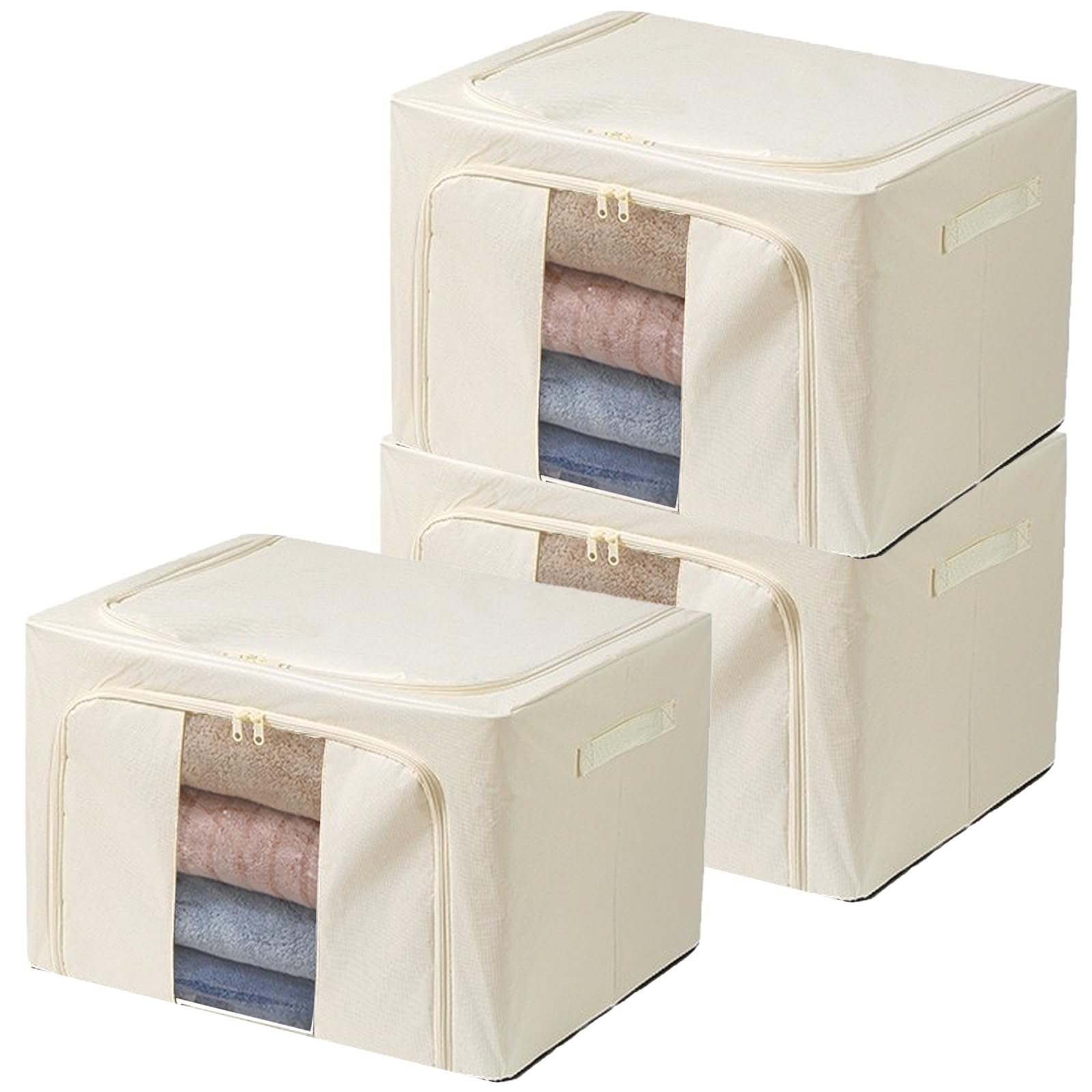 Goesort 3 Pack Clothes Storage Boxes with Steel Frame Support, 66L Moving Bag Wardrobe Storage Organiser Packing Boxes for Moving House with Clear Windows for Towel Duvet Sweater Bedding, Beige โ image 1