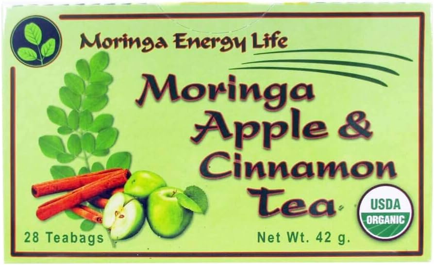 Moringa Tea Organic by Moringa Energy Life, Ayurveda's Tea bags Apple Cinnamon (Keto, Detox, Paleo, Vitamin & Minerals Booster, Vegan, Gluten-Free, Organic, Non-GMO, Caffeine-Free) 28 teas