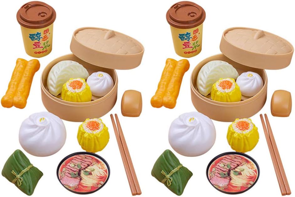 2 Sets Kids Pretend Play Toy Kitchen Cooking Toy Steamed Toy Food Chinese Breakfast Food Play Set Dollhouse Furniture (26Pcs)