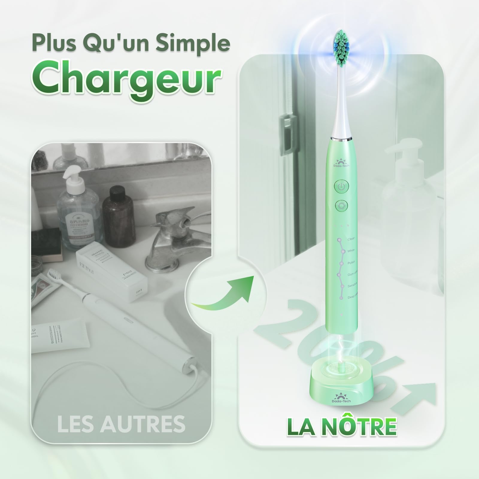 Brosse à dents électrique pour adultes et enfants, rechargeable, sonique, avec étui de voyage, support et 7 têtes de brosse, 6 modes et 3 intensités, minuterie de 2 minutes (Vert)