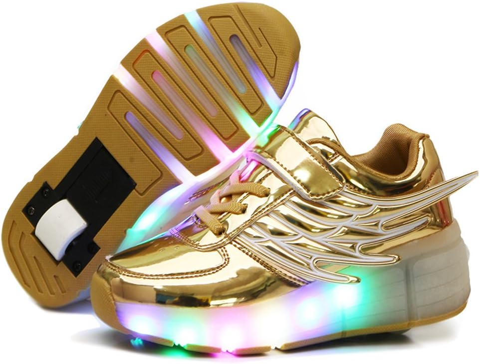 Nsasy Roller Shoes Girls Roller Skate Shoes Boys Kids LED Light up Wheel Shoes Roller Sneakers Shoes for Kids, Golden Single Wheels, Size 3.5M