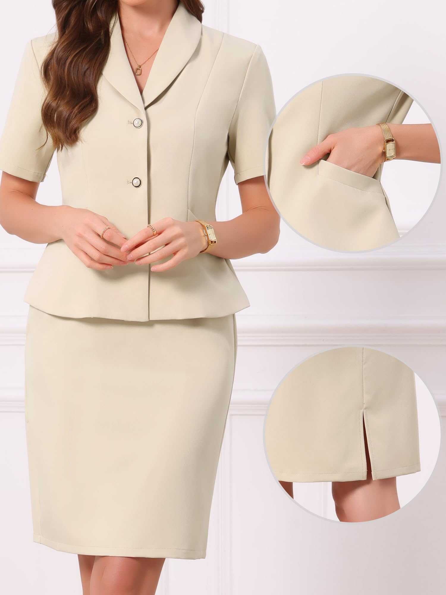Allegra K Ensemble 2 pièces de jupe de costume pour femme, blazer à manches courtes et jupes crayon, tenues formelles et décontractées pour le bureau
