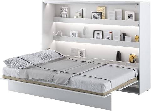 Arthauss Multifunctional Horizontal Wall Bed - Fold Down Bed with Soft Close System and Functional Shelves - Practical Murphy Bed Alternative for a Modern Home 140 x 200cm in White Gloss
