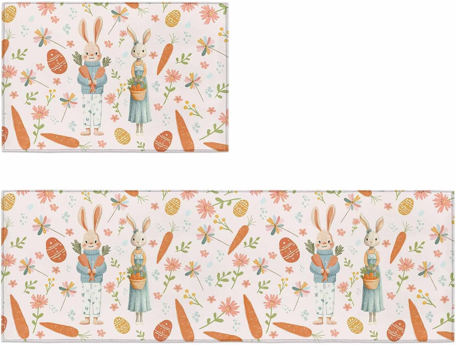 Kitchen Mats for Floor Spring Easter Rabbit Carrot Washable Non Slip Kitchen Rugs 2PCS, Farmhouse Bunny Flower Egg Absorbent Standing Mats for Sink Bathroom Office Living Room 15.7x23.6in+15.7x47.2in