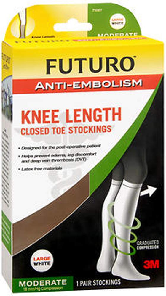 Futuro Anti-Embolism Knee Length Closed Toe Stockings Large White Moderate, Pack of 2
