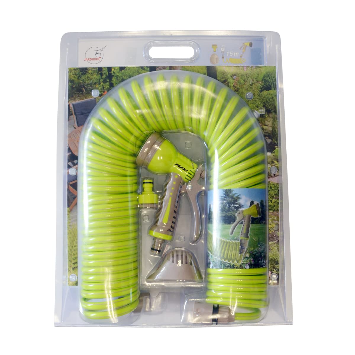 Jardibric - Tuyau Arrosage Serpentin 15 m - Kit Complet avec Pistolet, Support et Raccord Rapide