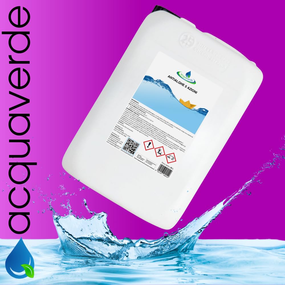 acquaverde | Antialghe 5 Azioni Liquido, Multifunzione non Schiumogeno, Trattamento Acqua di Piscina con effetto Alghicida, Inglobante, Flocculante, Azzurrante e Anticalcare, 25 kg