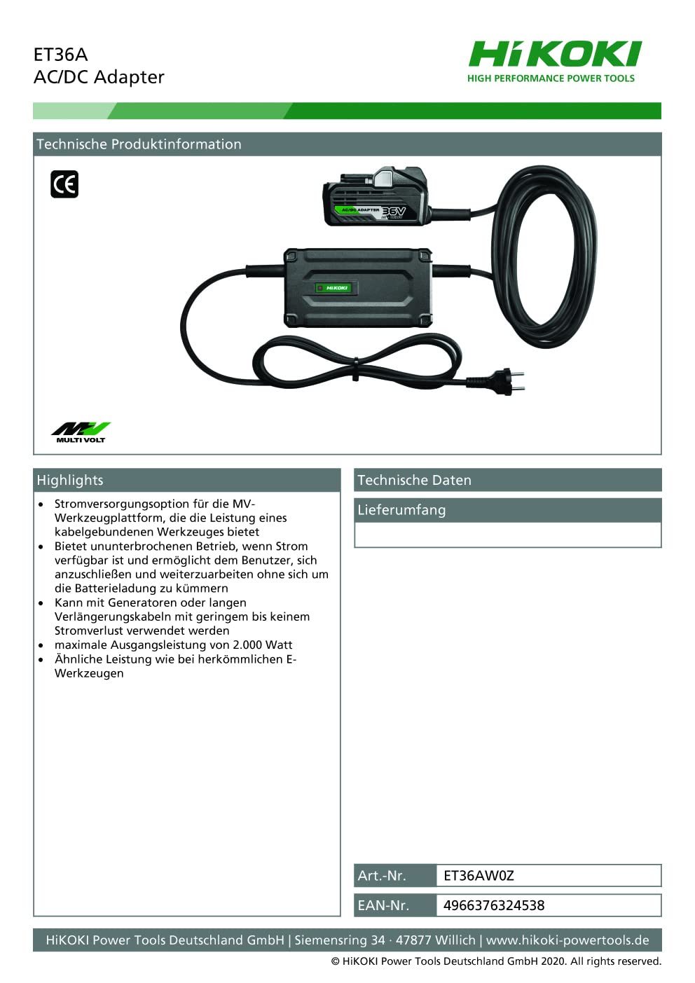 HiKOKI Adapter ET36A (36V, maximale Ausgangsleistung von 2000W, selbe Leistung wie bei Kabelgebundenen Geräten)