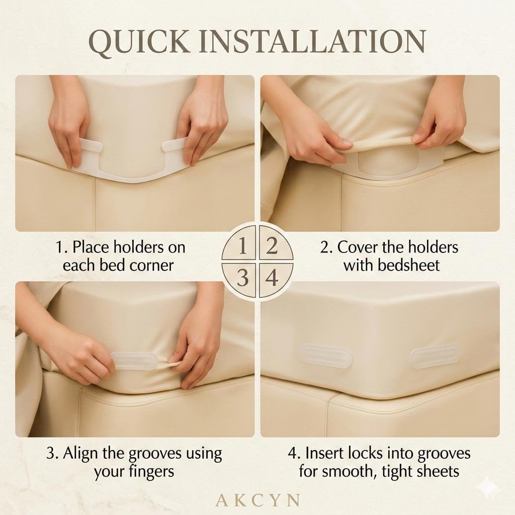 Bed Sheet Holders for Corners — 4-Pack Sheet Suspenders & Sheets Holder, Strong Grip bed accessories , No-Slip Mattress Fasteners, Keeps Sheets Tight & Smooth, Easy Install & Fits All Mattress Type