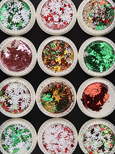 Ebanku 3D Christmas Nail Sequins 12 Boxes Holographic Flake Nail Glitter Sequins Iridescent Snowflake Star Christmas Tree Christmas Decoration #TOP2