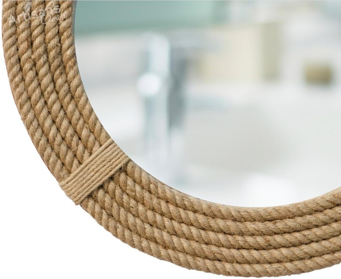 Nautical Coastal Rustic Round Rope Mirror | Large Wall Hanging Mirror | Bathroom Mirror with Shelf for Living Room Bathroom Bedroom Ideas | Industrial Mirror (30" Diameter)