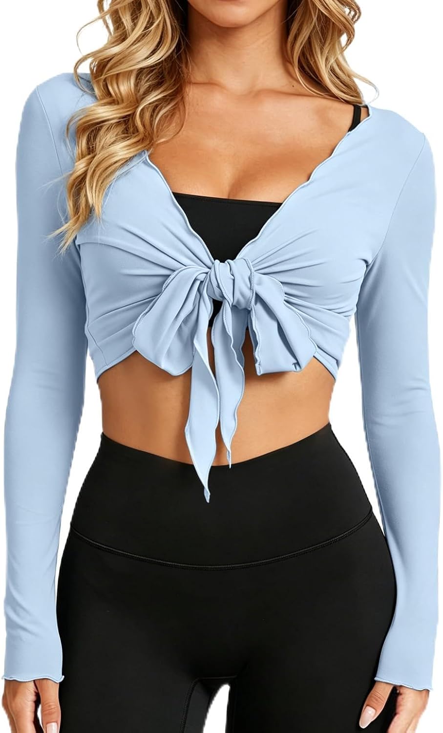 Womens Tie Front Pilates Wrap Top Long Sleeve Workout Cropped Cardigan Yoga Ballet Bolero Shrug