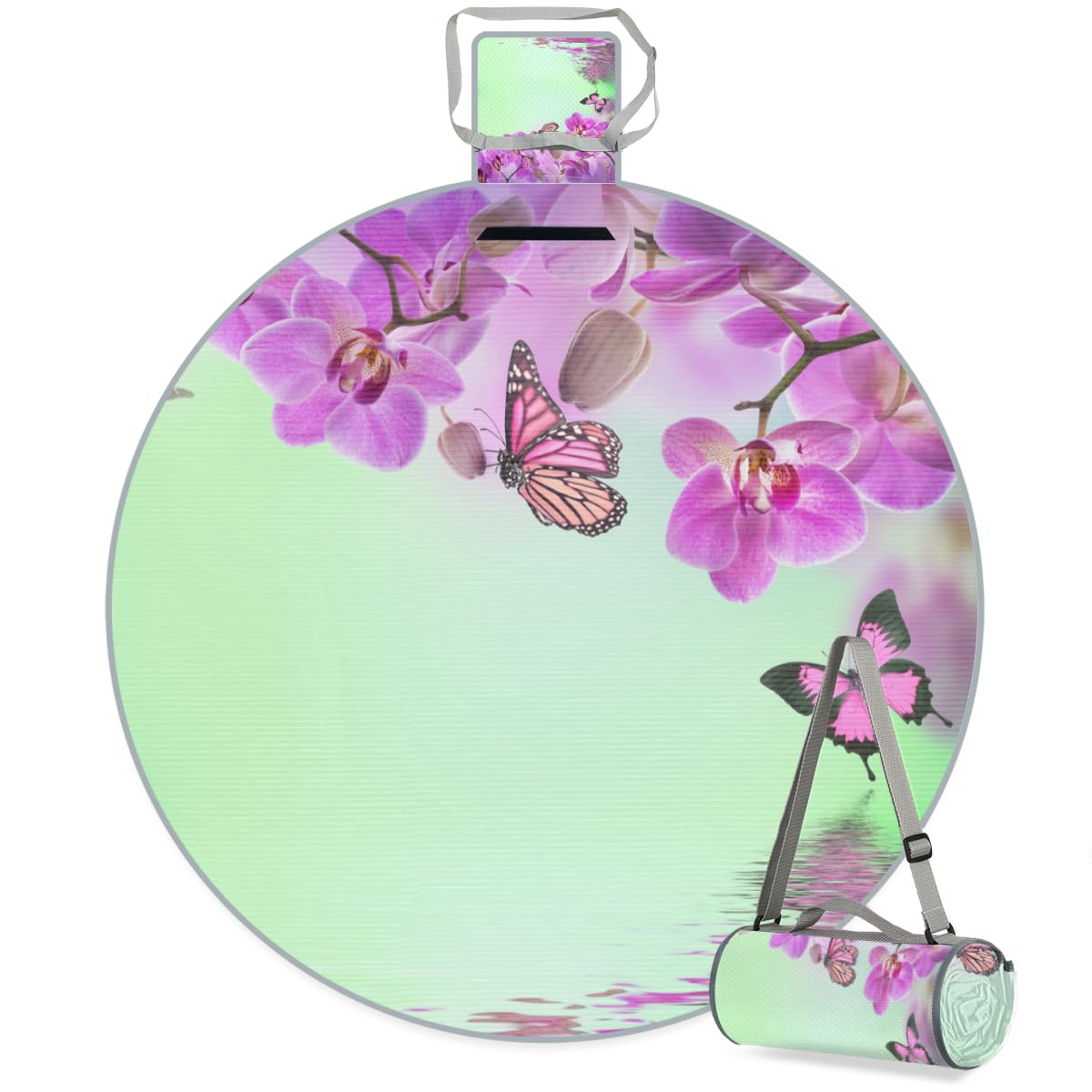 Shimoshe Orchid Butterfly Picnic Outdoor Blanket Foldable Waterproof Sandproof Beach Blanket Portable Water-Resistant Round Picnic Mat for Travel Camping Park Lawn