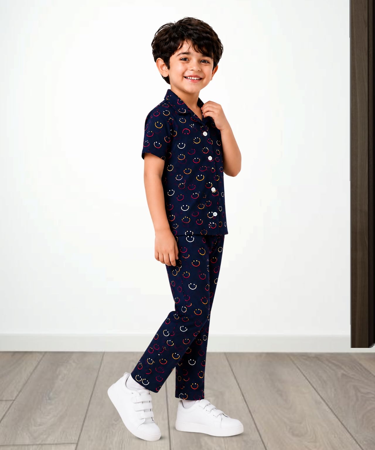 3BROS Unisex Pure Cotton Short Sleeve Kids Night Dress for Boys & Girls Nightwear/Nightdress/Sleepsuit/Loungewear Night Suit for Boys and Girls Top and Pyjama Combo Set (Navy| 3-4 Years)