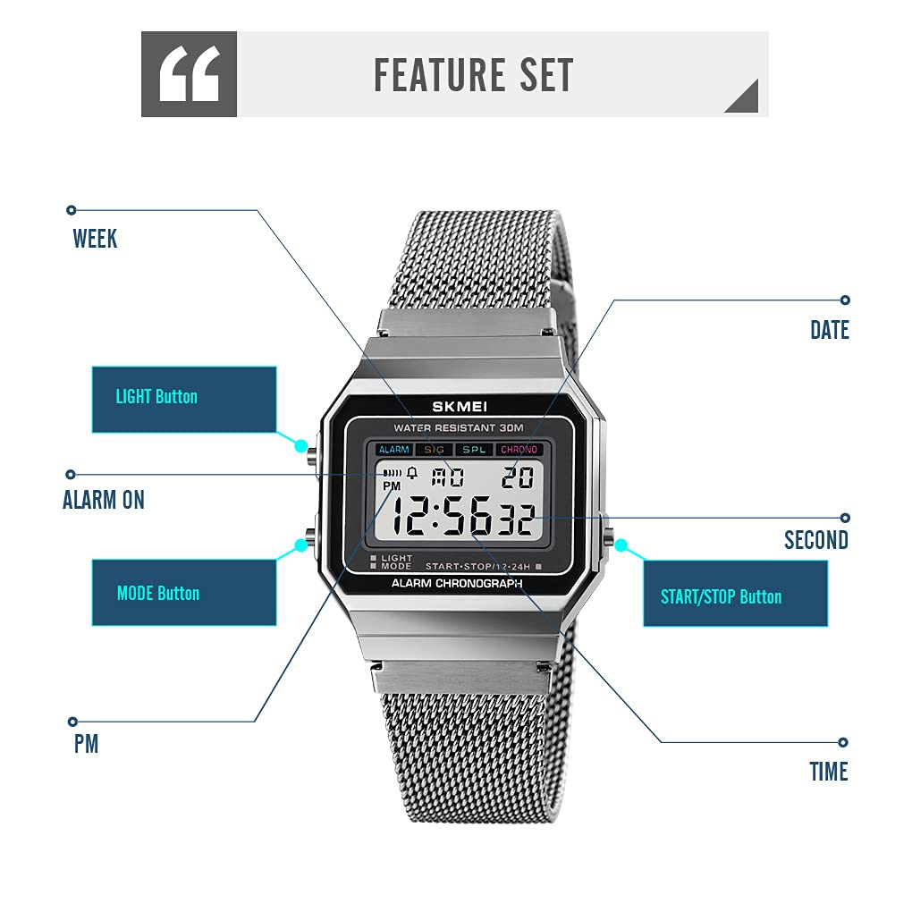 Reloj deportivo clásico unisex digital multifunción para hombre y mujer, banda de acero inoxidable, cuadrado, impermeable, electrónico, Led, plateado ( A silver ), Digital 4