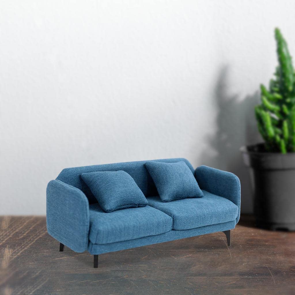 Sofá para Casa de Muñecas, Sofá Doble en Miniatura, Madera, Franela, Muebles para Sala de Estar, Decoración, Accesorios para Casa de Muñecas, Azul