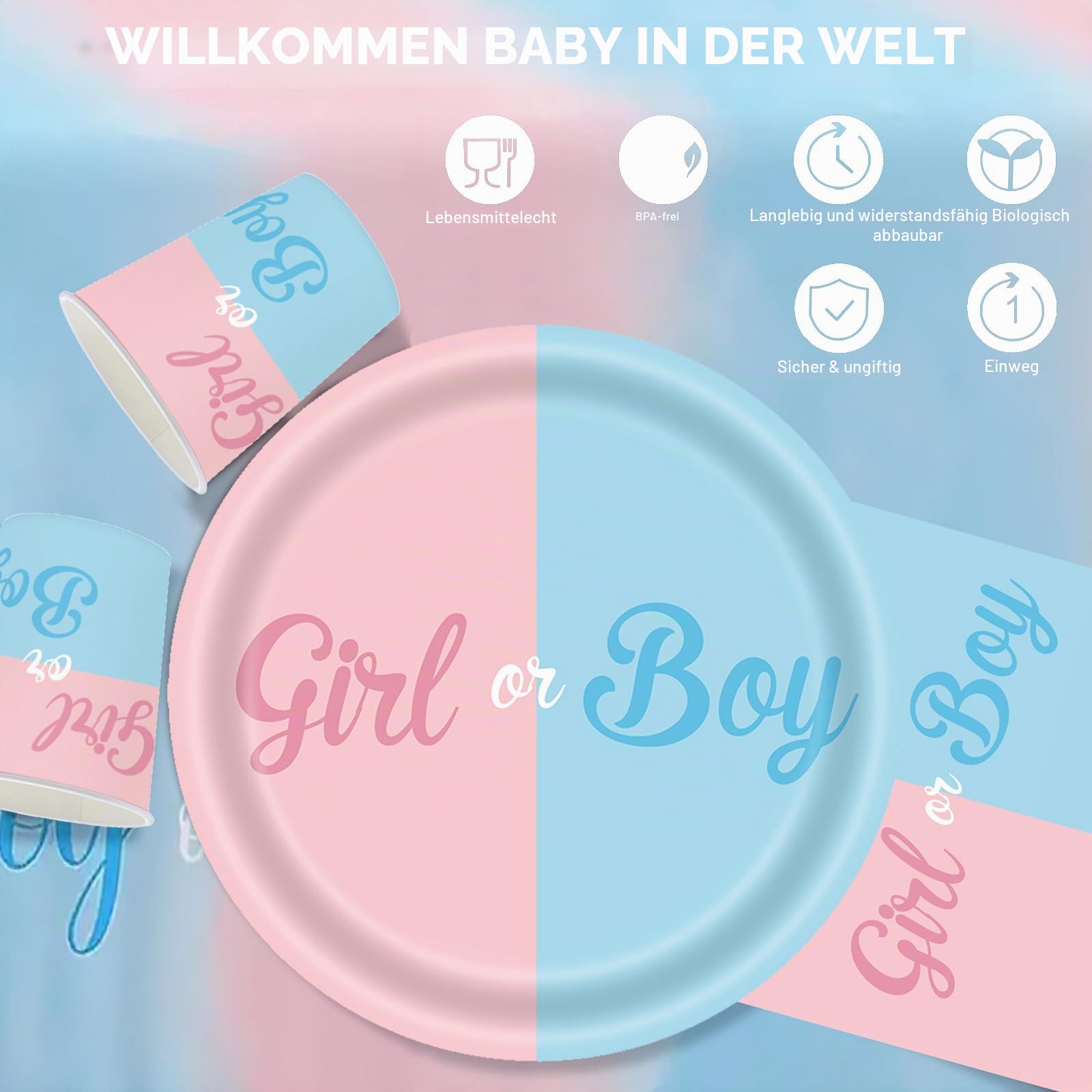 53 Stück Gender Reveal Partygeschirr für 16 Gäste, Babyparty Deko Partyteller Set, Neutral Girl or Boy Baby Party Decoration Rosa Blau Teller Becher Servietten Tischdecke für Baby Shower