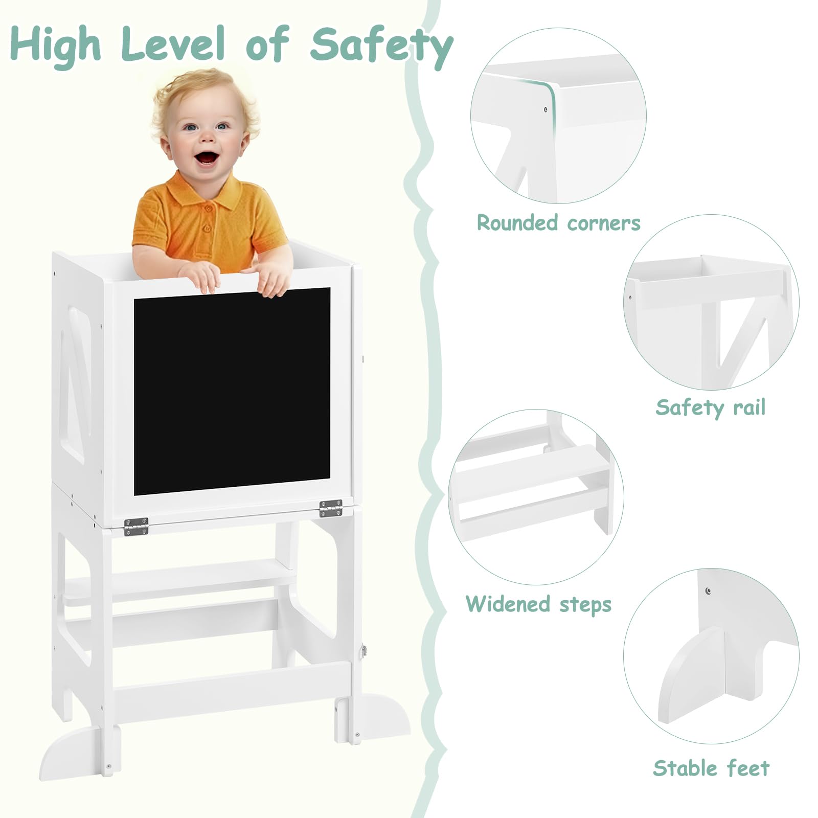WOLTU Lernturm 3 in 1, Tritthocker Kinderhocker Kindertisch Tafel, Lernturm für Kinder, Küchenhelfer mit Rausfallschutz, faltbar, ab 3 Jahr, Weiß