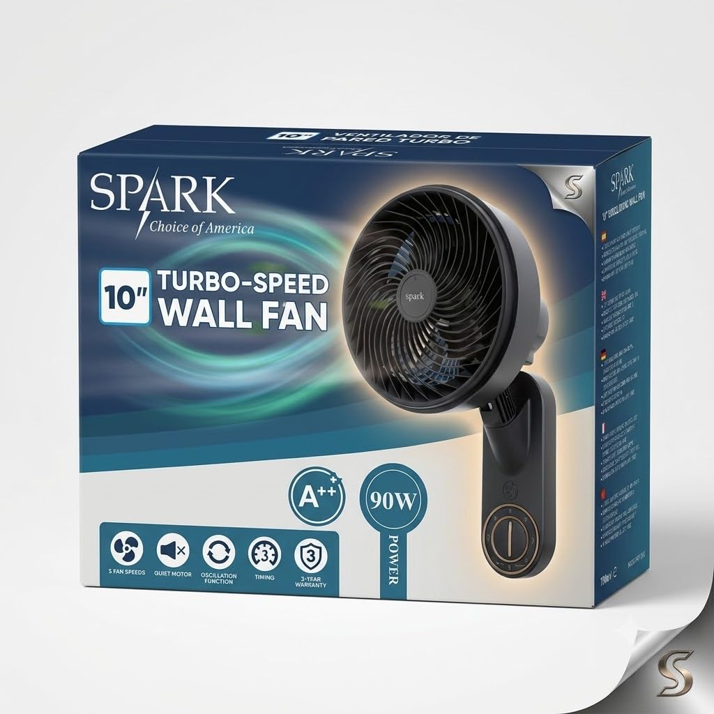 LoLek Spark Ventilador de Pared Turbo de 25,4 cm, 90W, 5 Velocidades, Motor Silencioso, Función Oscilante