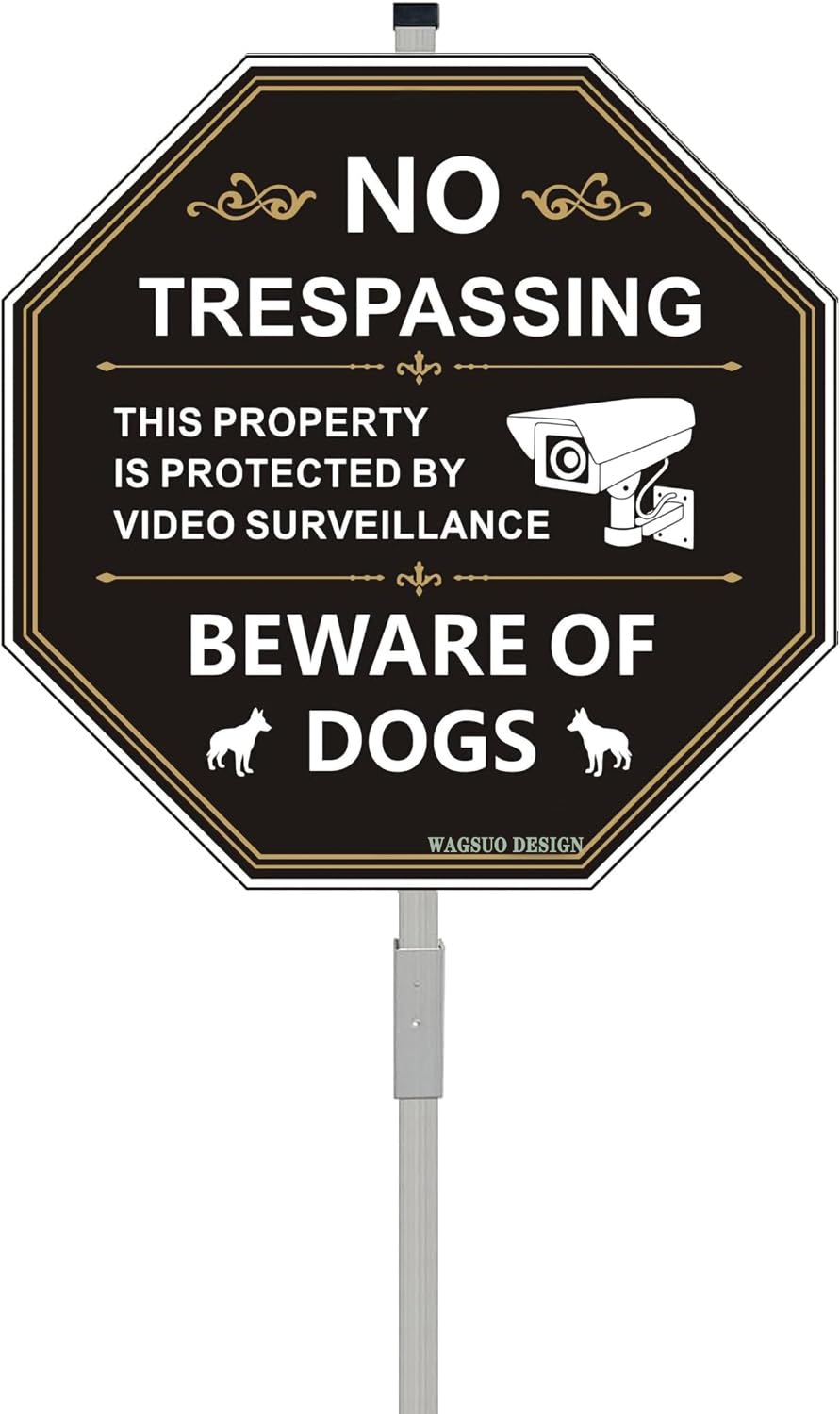 No Trespassing This Property is Protected by Video Surveillance Beware of Dogs Sign 10" x 10" With 28" Long Metal Stakes Private Property Sign Dog Premises Reflective Aluminum Weather Fade Resistant