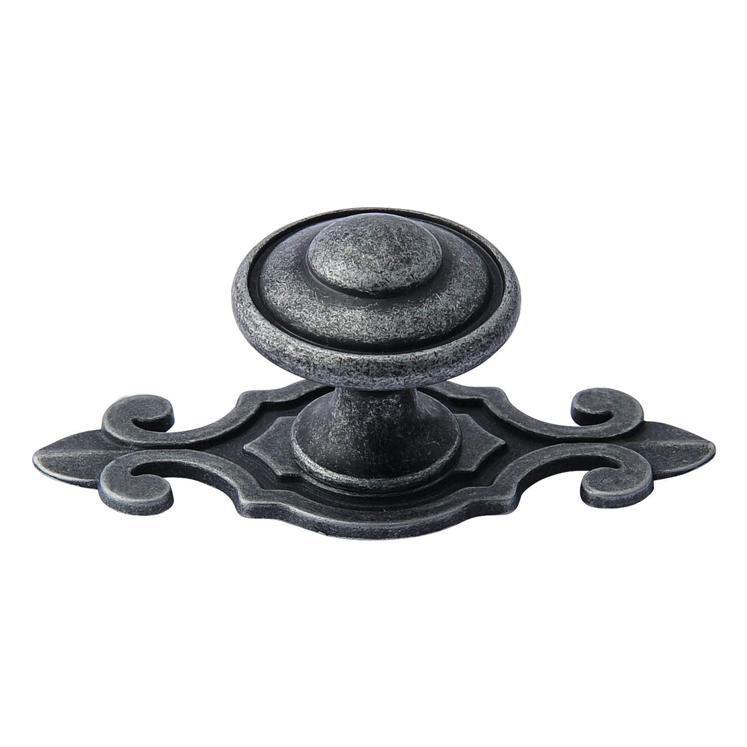 Tieca.hw Silver 4Pcs Antique Pewter Top Ring Cabinet Knobs With Fleur De Lis Backplates, 1.21-Inch Diameter Antique Rustic Dresser Drawer Pulls Handles Kitchen Bathroom Hardware, 2.92-In Length