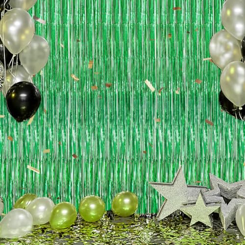 Image of DECOCKRAT 3 Pack Foil Fringe Backdrop - Green Shiny Tinsel Curtains for Party Decoration /Photo Booth Props - 3.3x8.2 FT Metallic Foil Backdrop for Birthday, Wedding, Graduation, Christmas.