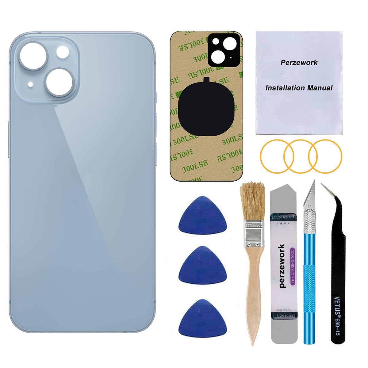 Perzework OEM Rear Back Glass Replacement for iPhone 14 Plus 6.7 inches with Reparing Toolkit (Blue)