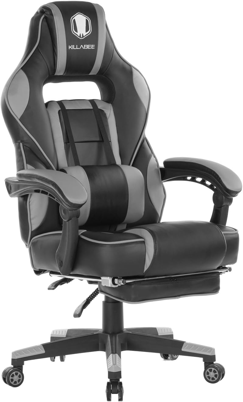 KILLABEE Massage Gaming Chair High Back PU Leather PC Racing Computer Desk Office Swivel Recliner with Retractable Footrest and Adjustable Lumbar Support, Gray/Black