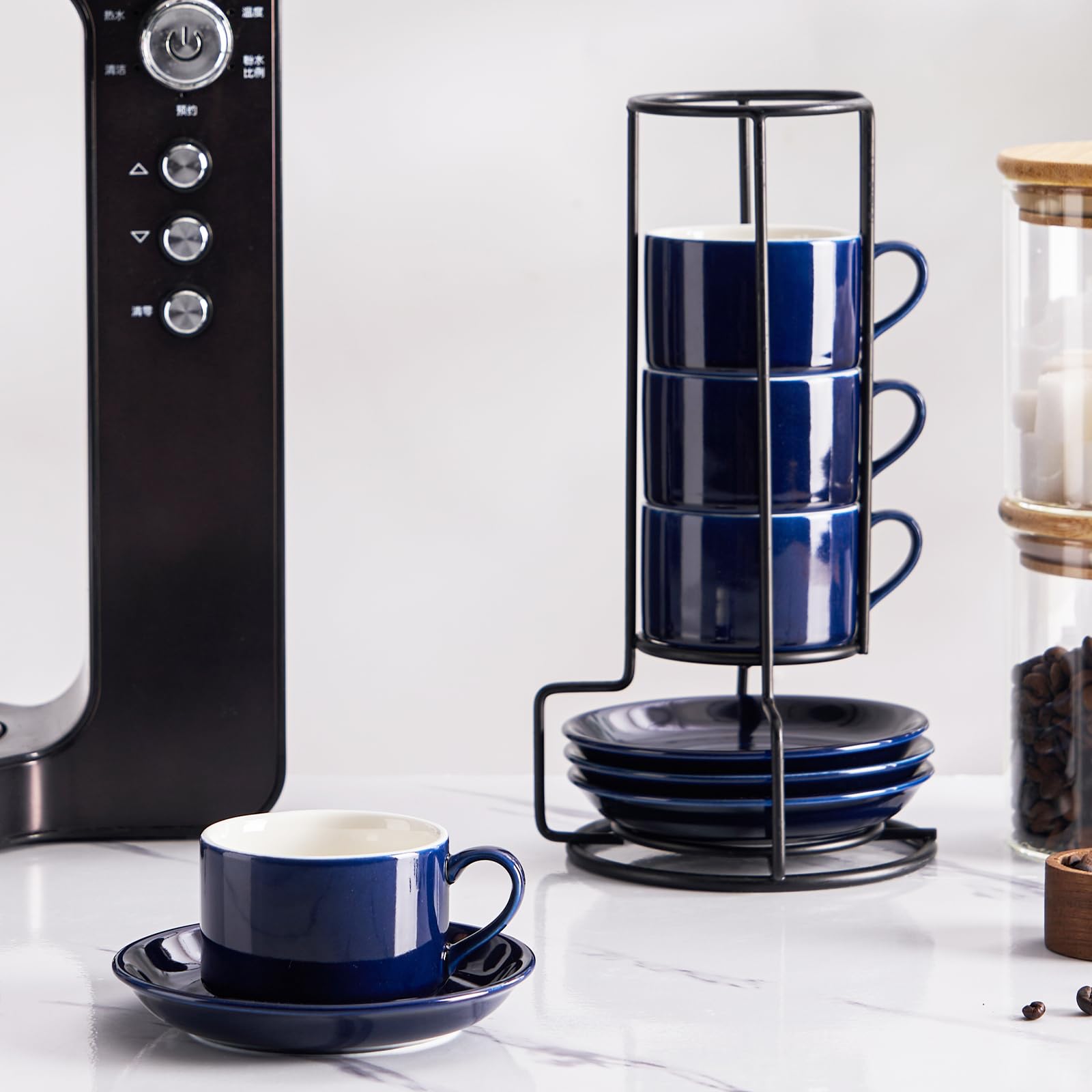 Juego de 4 tazas de espresso apilables de porcelana de 2.5 onzas con platillos y soporte de metal, color azul