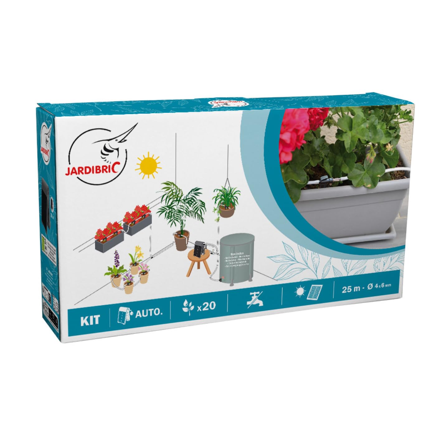 Jardibric - Kit goccia a goccia pompa solare per balcone e terrazza - 25 m di micro tubo Ø6 mm, pompa solare, anti-sifone, 7 tee, 10 tappi, 20 gocciolatori regolabili 0-6 l/h.