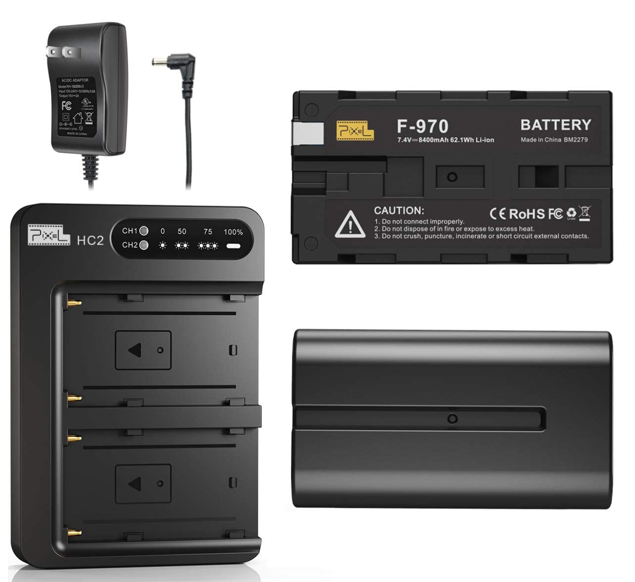 NP-F970 Battery and Charger (Dual-Channel 30w Quick Charger), Pixel NP F970 Battery(2-Pack/8400mAh) 