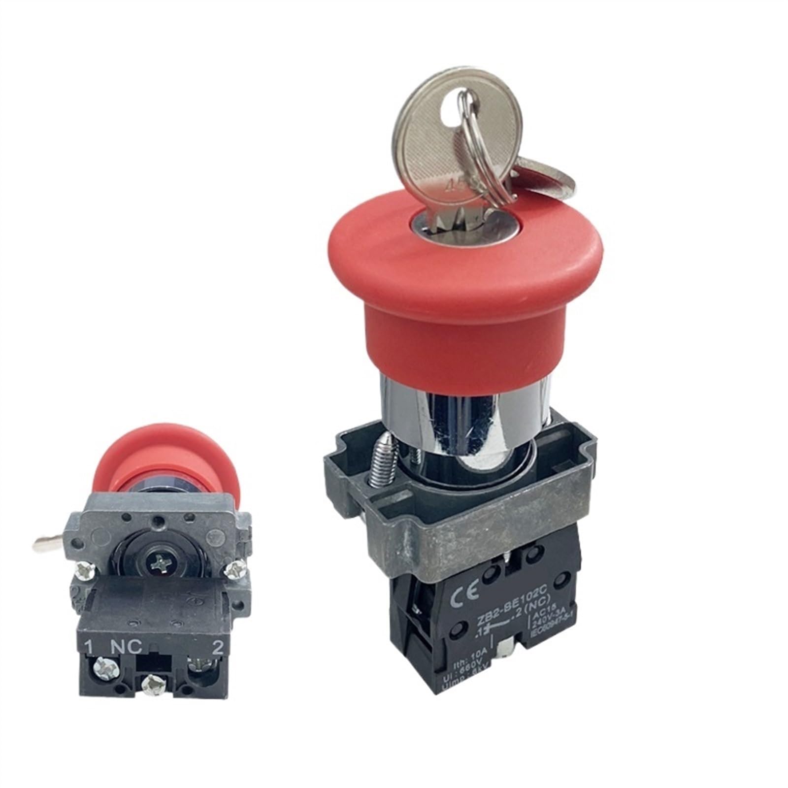 Interruptor de botón giratorio de bloqueo automático de parada de emergencia con llave ZB2-BS142C montaje de cabeza de seta roja de 22mm de energía eléctrica