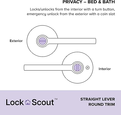 Miniatura 2 de Lock Scout Straight Lever with Round Trim Bedroom and Bathroom Door Handle, Satin Nickel Finish, 12 Pack