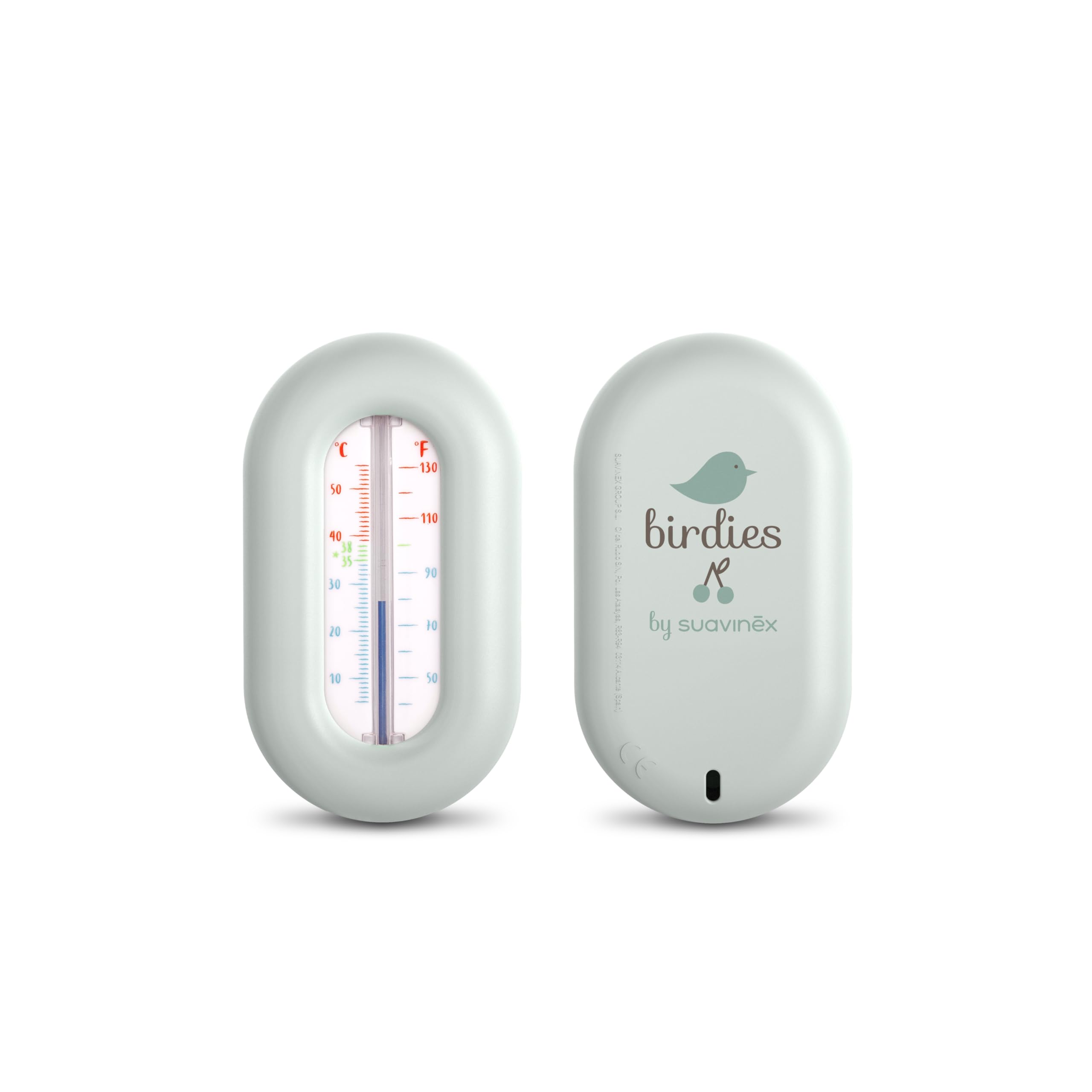 Suavinex, Termometro da Vasca per Neonati, per il Bagnetto, Senza Mercurio, Senza Batterie, Preciso, Resistente, Veloce e con Scala Cromatica, Gradi ºC e ºF, Galleggiante, +0M, Design Birdies, Verde