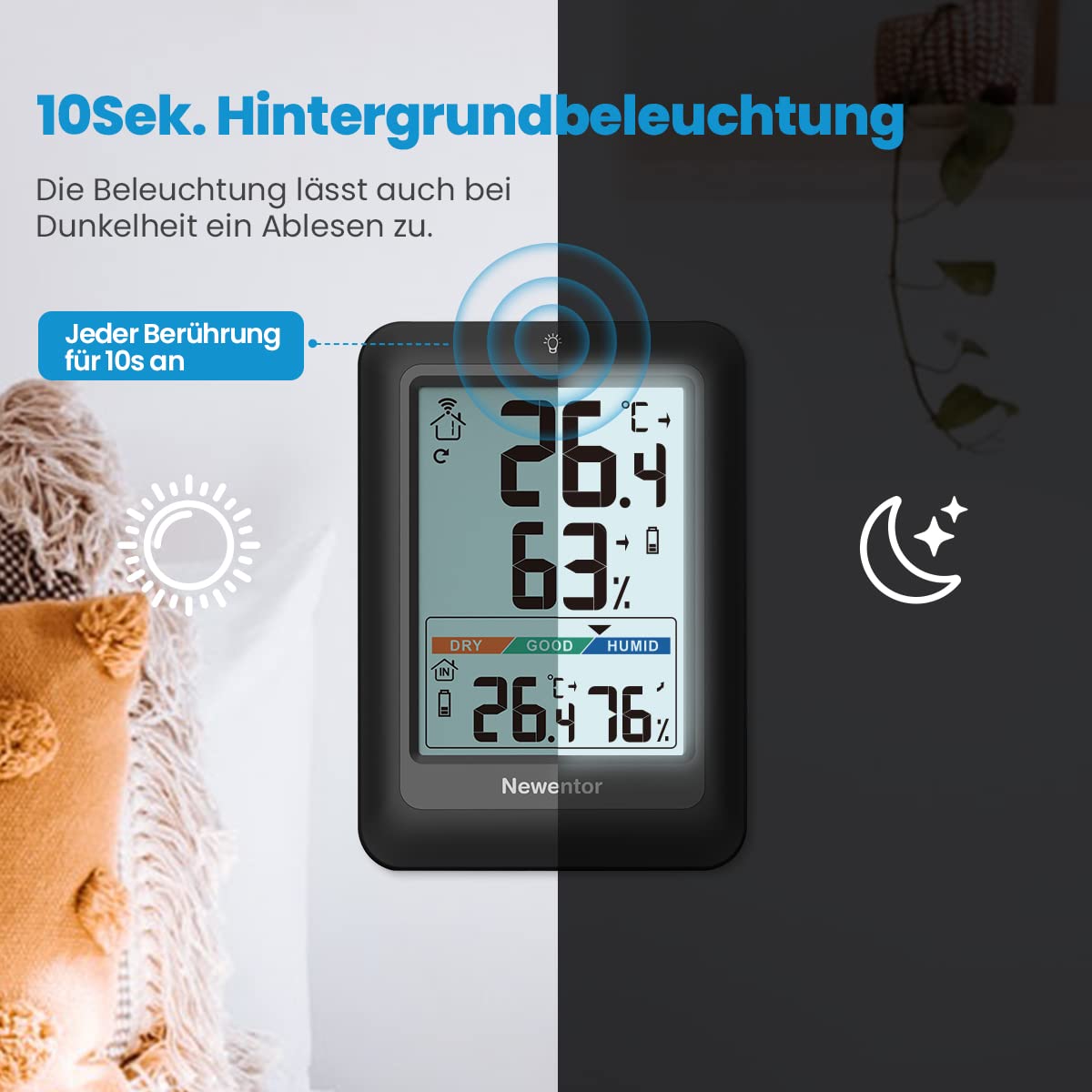 Newentor MAX MIN Thermometer innen außen 24/48 Std./alle Zeiten - Hygrometer Innen mit Luftkomfort - Wetterstation Funk mit Außensensor - Raumthermometer mit Beleuchtung, Schwarz, 1*Außensensor